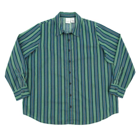 Vintage Roamans Shirt Womens Large Green Blue Striped Long Sleeve Button Down - Picture 7 of 14